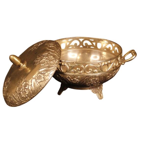 Vintage Footed Candy Bowl With Lid, Holiday Imports, Flower and Scroll - Picture 2 of 8